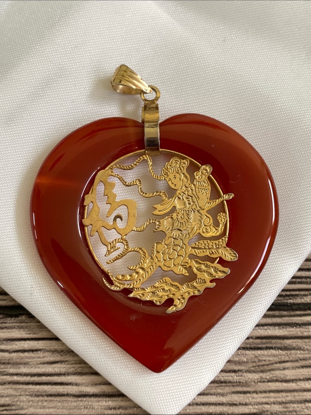Gold Tone  Chinese  Glass Heart Pendant